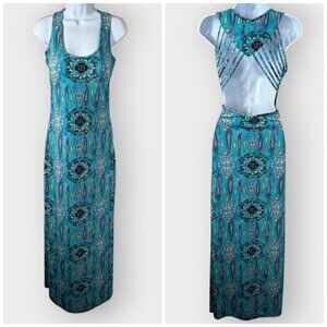 Say What Maxi Dress | Teal Tribal | Cage Open Back | Boho Hippie Festival